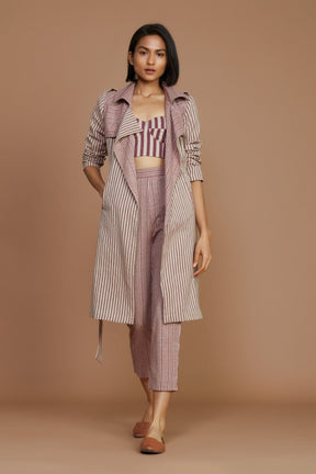 Ivory with Mauve Striped Trench & Corset Co-Ord Set (3 PCS) - Co-ord Set - Mizyana