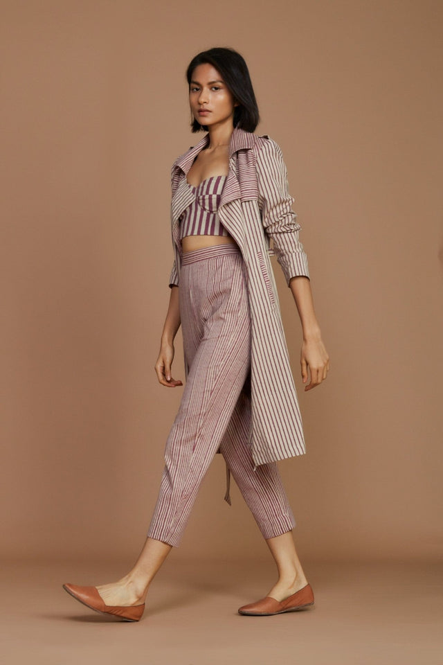 Ivory with Mauve Striped Trench & Corset Co-Ord Set (3 PCS) - Co-ord Set - Mizyana