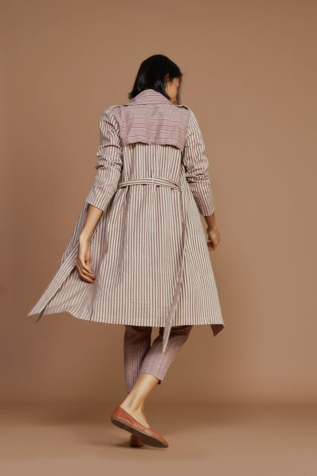 Ivory with Mauve Striped Trench & Corset Co-Ord Set (3 PCS) - Co-ord Set - Mizyana