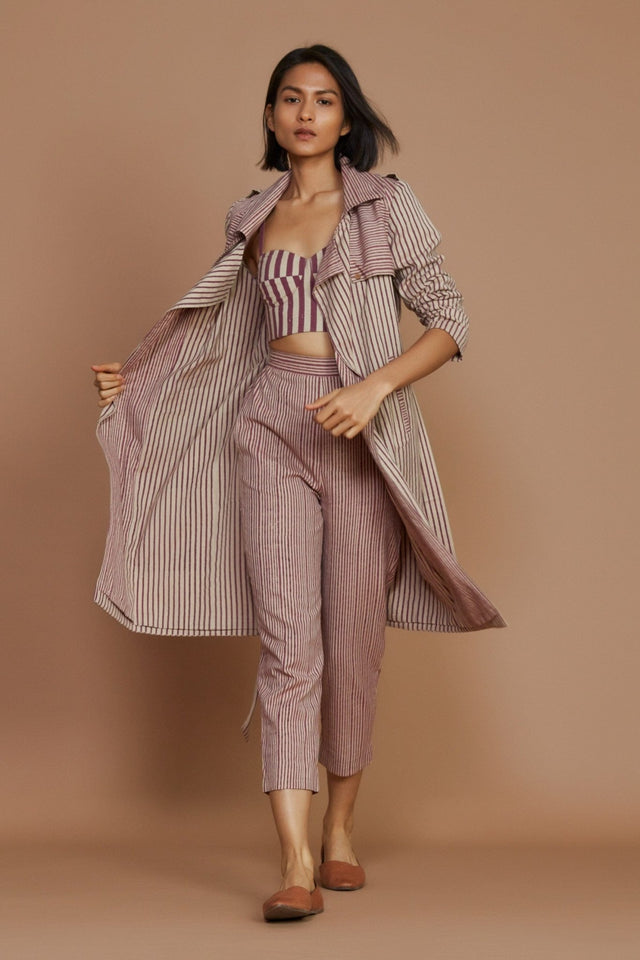Ivory with Mauve Striped Trench & Corset Co-Ord Set (3 PCS) - Co-ord Set - Mizyana
