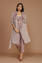 Ivory with Mauve Striped Trench & Corset Co-Ord Set (3 PCS) - Co-ord Set - Mizyana
