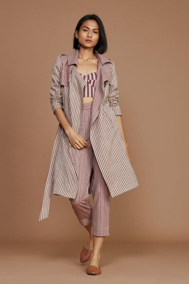 Ivory with Mauve Striped Trench & Corset Co-Ord Set (3 PCS) - Co-ord Set - Mizyana