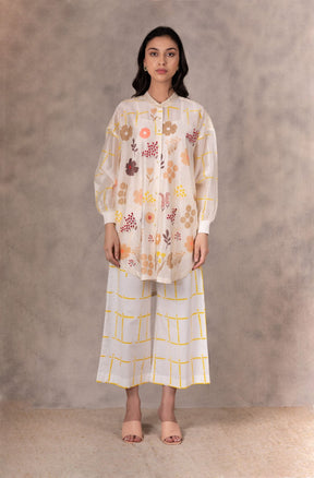 Ivory /Yellow Checkered Pants In Linen - Trousers - Mizyana