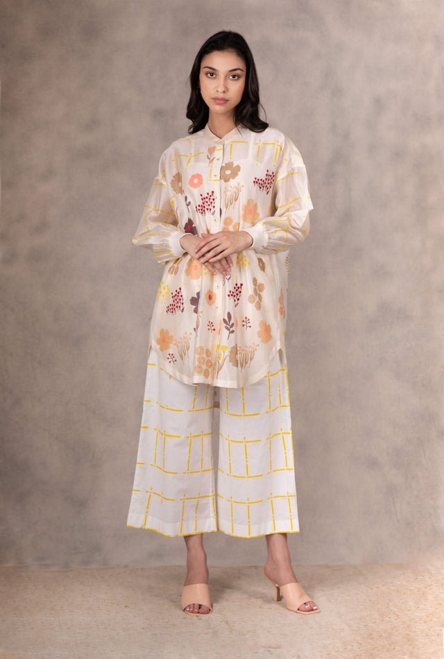 Ivory /Yellow Checkered Pants In Linen - Trousers - Mizyana