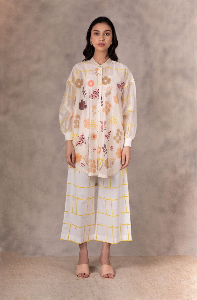 Ivory /Yellow Checkered Pants In Linen - Trousers - Mizyana