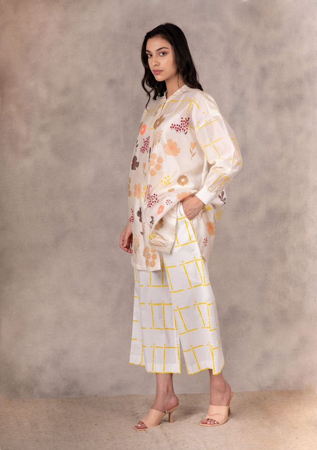 Ivory /Yellow Checkered Pants In Linen - Trousers - Mizyana