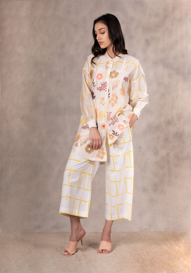 Ivory /Yellow Checkered Pants In Linen - Trousers - Mizyana