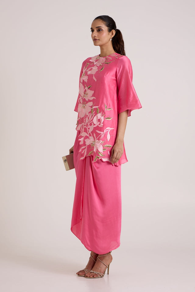 Jay Pink Maddy - Scalloped Blouse & Draped Skirt - Two-Piece Set - Mizyana