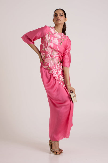 Jay Pink Maddy - Scalloped Blouse & Draped Skirt - Two-Piece Set - Mizyana