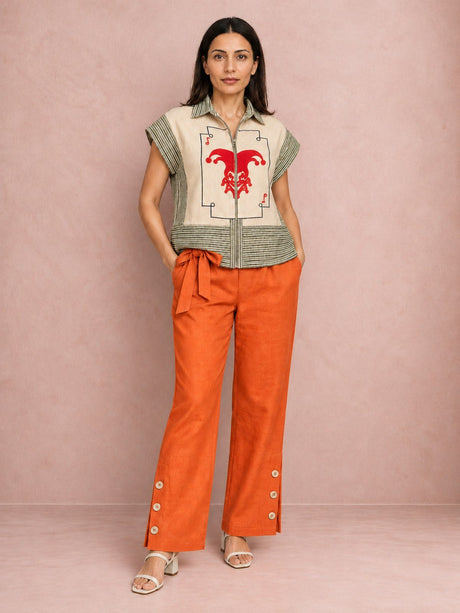 Joker Applique Shirt and Orange Button Hem Trousers Two-Piece Set - Two-Piece Set - Mizyana