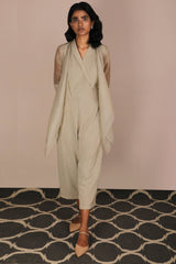 Jumpsuit And Asymmetric Organza Jacket Set - Two-Piece Set - Mizyana