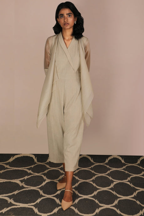 Jumpsuit And Asymmetric Organza Jacket Set - Two-Piece Set - Mizyana
