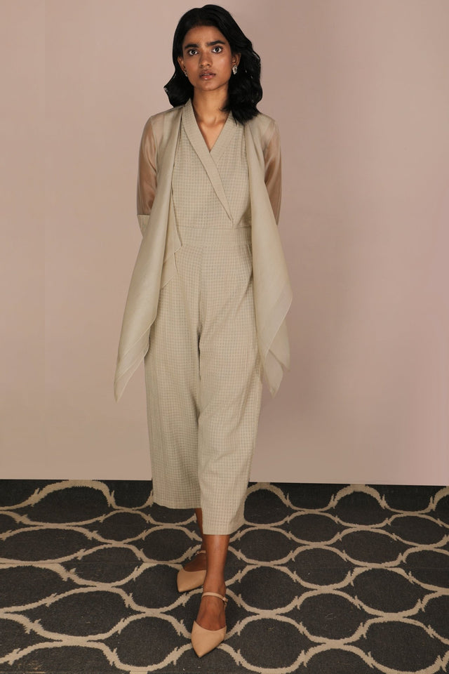 Jumpsuit And Asymmetric Organza Jacket Set - Two-Piece Set - Mizyana