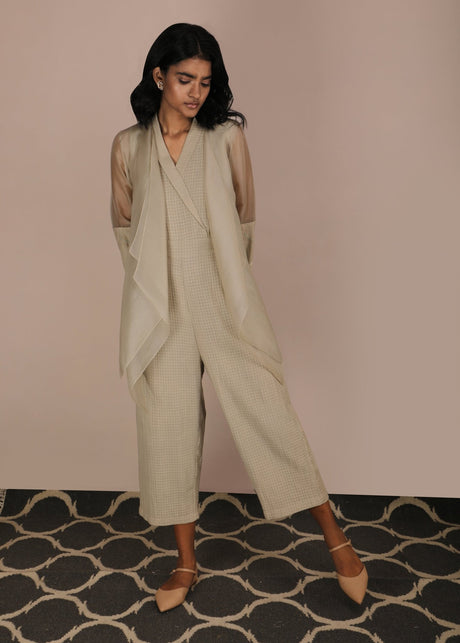 Jumpsuit And Asymmetric Organza Jacket Set - Two-Piece Set - Mizyana