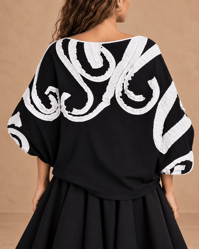 Kapu Black Swirl Applique Batwing Cotton Blouse - Blouse - Mizyana