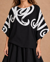 Kapu Black Swirl Applique Batwing Cotton Blouse - Blouse - Mizyana