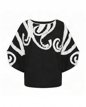 Kapu Black Swirl Applique Batwing Cotton Blouse - Blouse - Mizyana