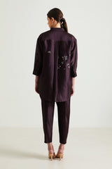 Lavender Pin Tuck Shirt in Silk Chanderi with Embroidery and Straight Pants in Silk Chanderi - Two-Piece Set - Mizyana