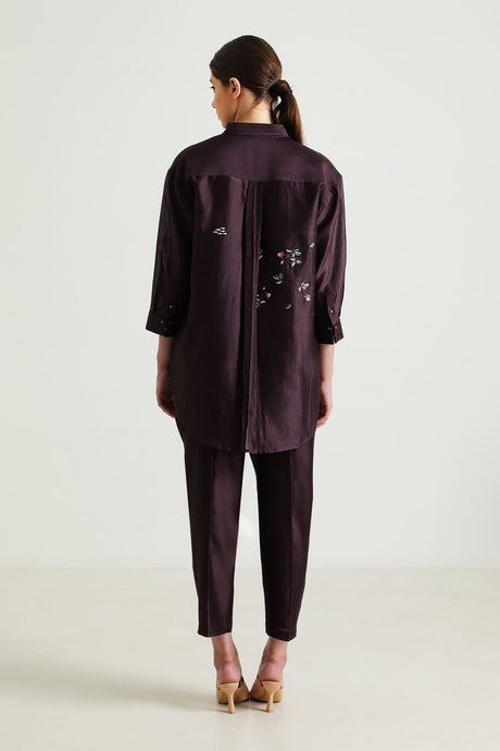 Lavender Pin Tuck Shirt in Silk Chanderi with Embroidery and Straight Pants in Silk Chanderi - Two-Piece Set - Mizyana