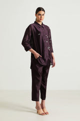 Lavender Pin Tuck Shirt in Silk Chanderi with Embroidery and Straight Pants in Silk Chanderi - Two-Piece Set - Mizyana