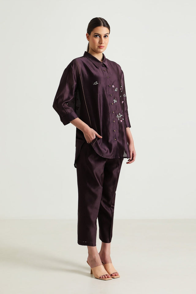 Lavender Pin Tuck Shirt in Silk Chanderi with Embroidery and Straight Pants in Silk Chanderi - Two-Piece Set - Mizyana