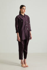 Lavender Pin Tuck Shirt in Silk Chanderi with Embroidery and Straight Pants in Silk Chanderi - Two-Piece Set - Mizyana
