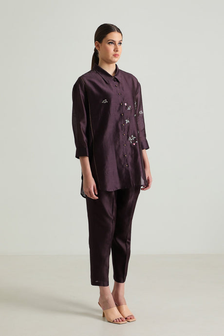 Lavender Pin Tuck Shirt in Silk Chanderi with Embroidery and Straight Pants in Silk Chanderi - Two-Piece Set - Mizyana
