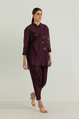 Lavender Pin Tuck Shirt in Silk Chanderi with Embroidery and Straight Pants in Silk Chanderi - Two-Piece Set - Mizyana
