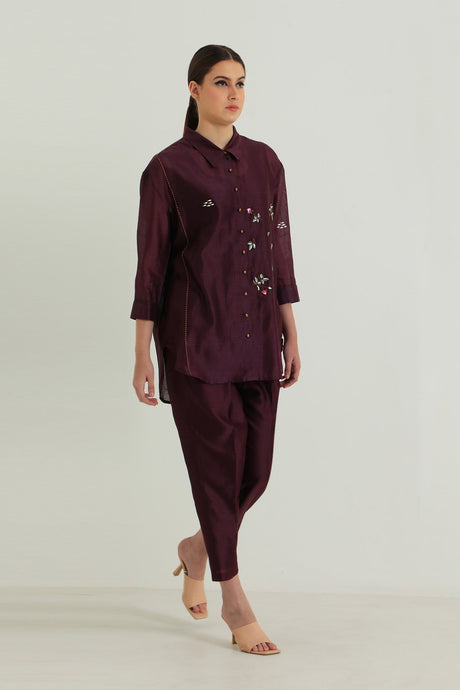 Lavender Pin Tuck Shirt in Silk Chanderi with Embroidery and Straight Pants in Silk Chanderi - Two-Piece Set - Mizyana