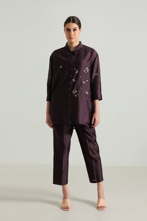 Lavender Pin Tuck Shirt in Silk Chanderi with Embroidery and Straight Pants in Silk Chanderi - Two-Piece Set - Mizyana