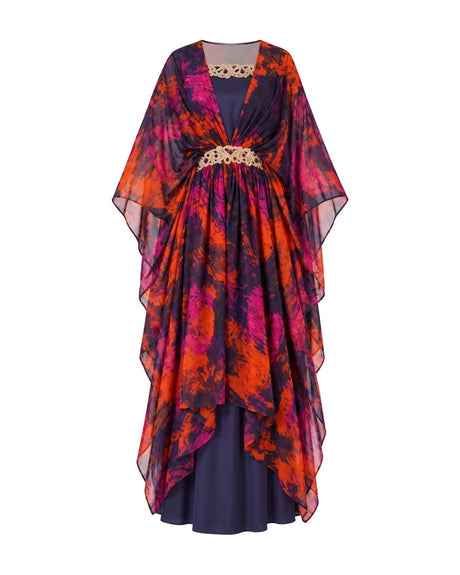 Layl Abstract Print Kaftan and Navy Inner Dress Two-Piece Set - Two-Piece Set - Mizyana