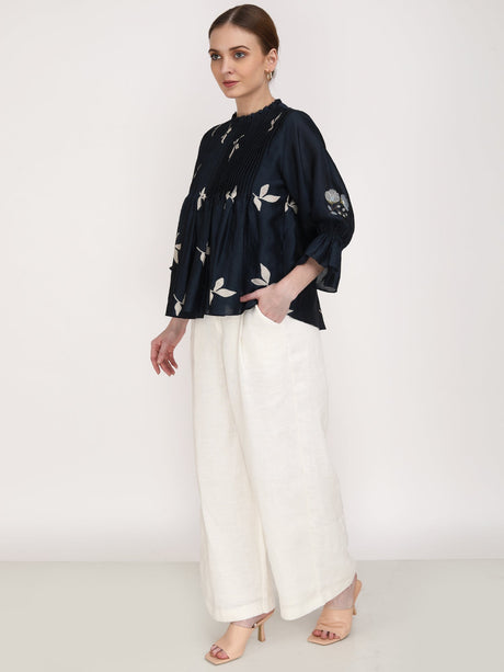 Leaf Print Front Pleated Top - Shirt - Mizyana