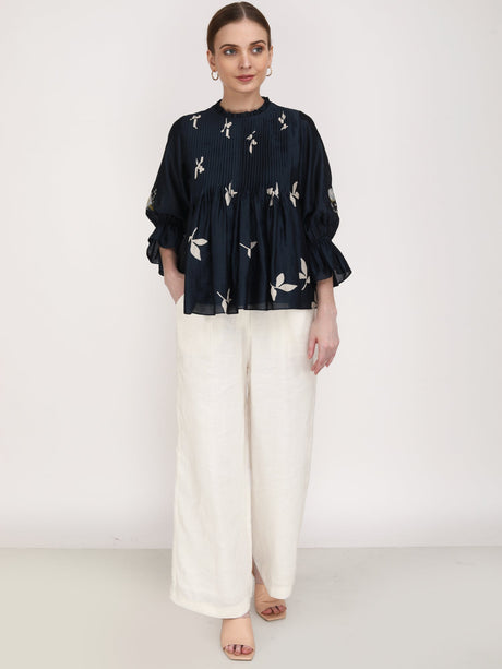 Leaf Print Front Pleated Top with Ivory Pants - Two-Piece Set - Mizyana