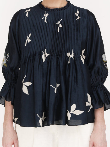 Leaf Print Front Pleated Top with Ivory Pants - Two-Piece Set - Mizyana
