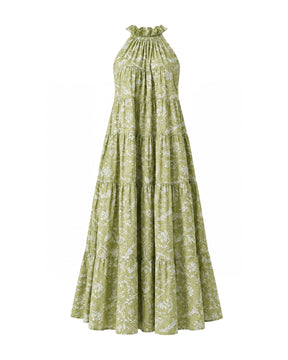 Lila Pear Green Floral Halter Maxi Cotton Dress - Dress - Mizyana