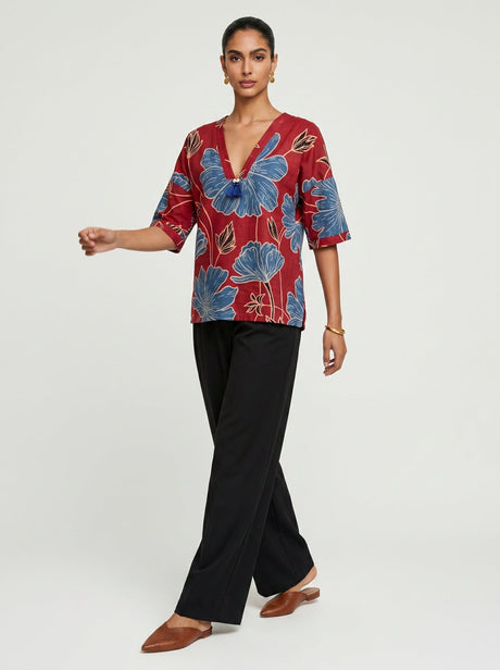 Lin Red Floral Modal Top - Shirt - Mizyana