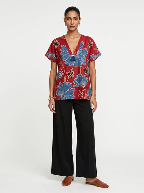 Lin Red Floral Modal Top - Shirt - Mizyana