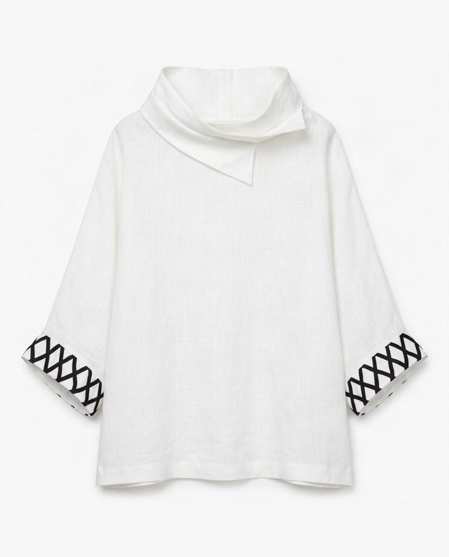 Lisi Ivory Lattice Cuff Linen Blouse - Blouse - Mizyana