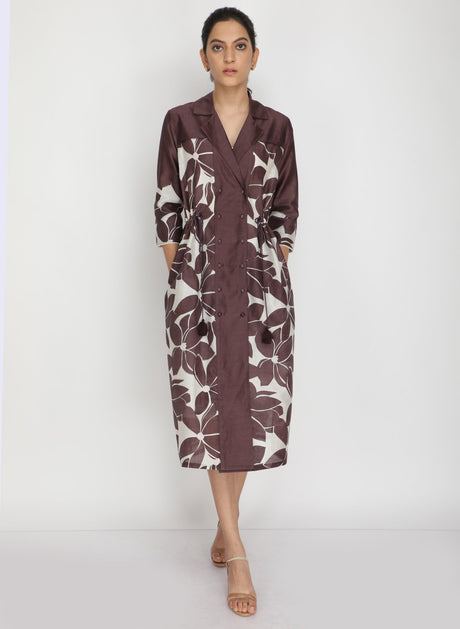 Lotus print dress from ARCVSH by Pallavi Singh in grape brown and ivory leaf print with lapel collar, front view