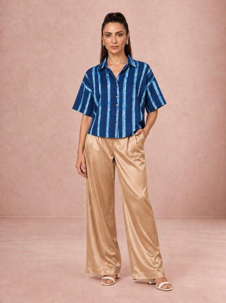 Luna Indigo Striped Shirt and Aura Beige Satin Trousers Two-Piece Set - Two-Piece Set - Mizyana