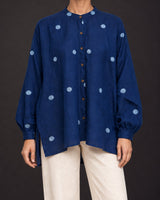 Lunar Indigo Jamdani Moon Motif Oversized Cotton Shirt - Shirt - Mizyana