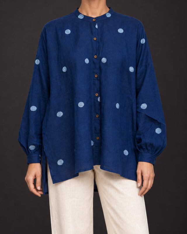 Lunar Indigo Jamdani Moon Motif Oversized Cotton Shirt - Shirt - Mizyana