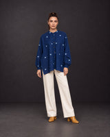 Lunar Indigo Jamdani Moon Motif Oversized Cotton Shirt - Shirt - Mizyana