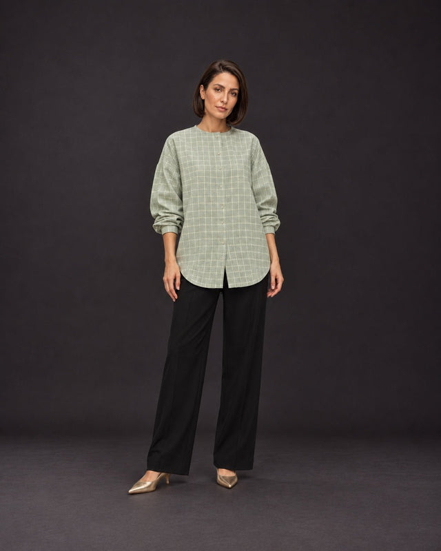 Madras Flair Sage Green Checked Handwoven Cotton Shirt - Shirt - Mizyana