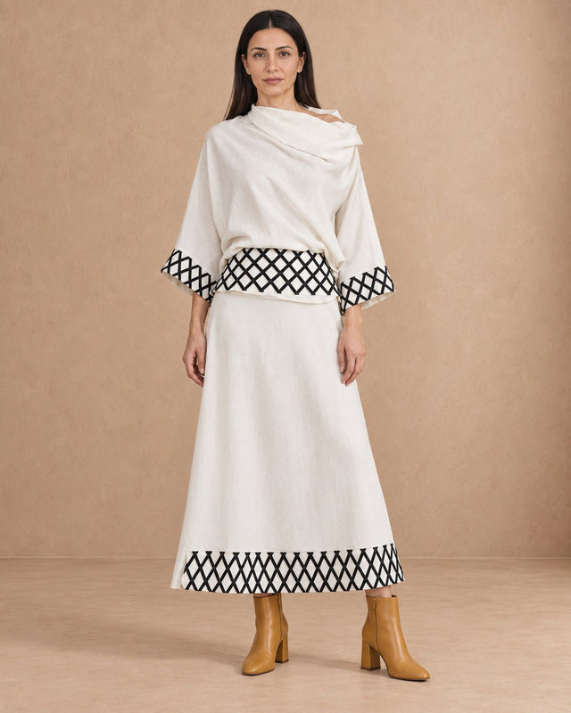 Maia Black and White Lattice Linen Tie-Back Belt - Belt - Mizyana