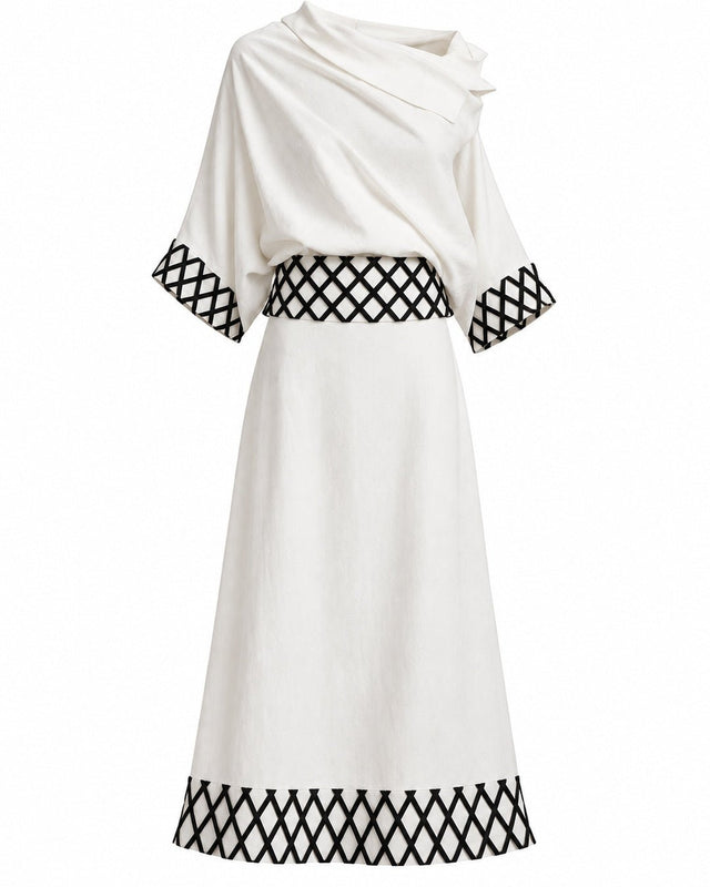 Maia Black and White Lattice Linen Tie-Back Belt - Belt - Mizyana