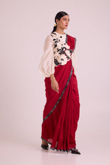 Manali - Bishop Blouse + Pre-draped Saree + Bib - Three-Piece Set - Mizyana