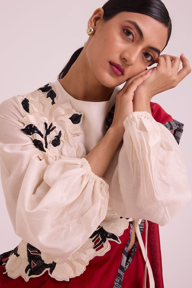 Manali - Bishop Blouse + Pre-draped Saree + Bib - Three-Piece Set - Mizyana