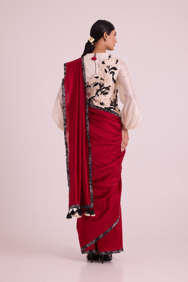 Manali - Bishop Blouse + Pre-draped Saree + Bib - Three-Piece Set - Mizyana