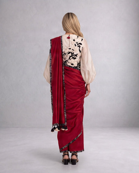 Manali Pre-Draped Saree Bishop Blouse and Bib Three-Piece Set - Three-Piece Set - Mizyana